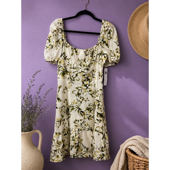 London Times Dresses & Skirts - London Times Floral Linen Blend Puff Sleeve Smocked Back Mini Dress Ivory Green